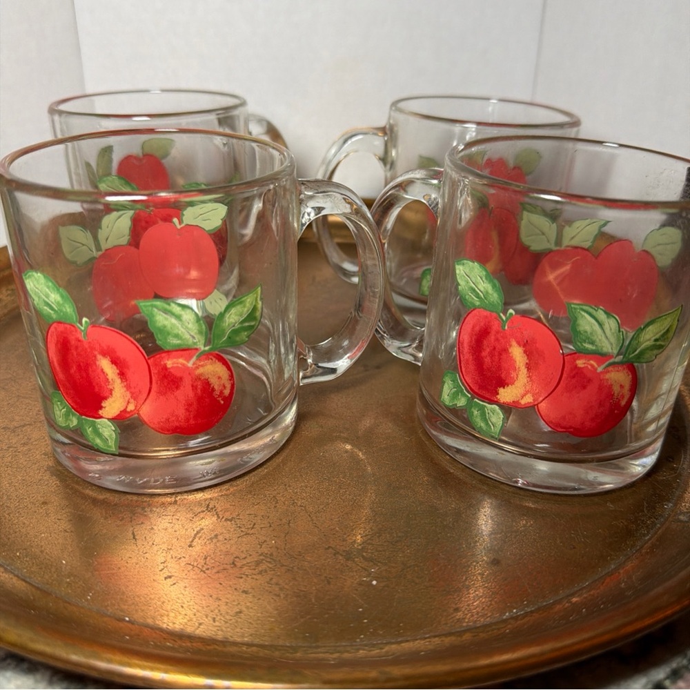 Clear Glass Mugs with Red Apple Print - Set of 4